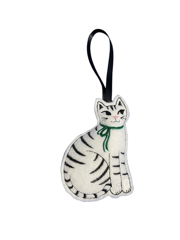 White Cat Black Stripes Christmas Handmade Felt Embroidered Decoration Hanging Ornament PicturePicture