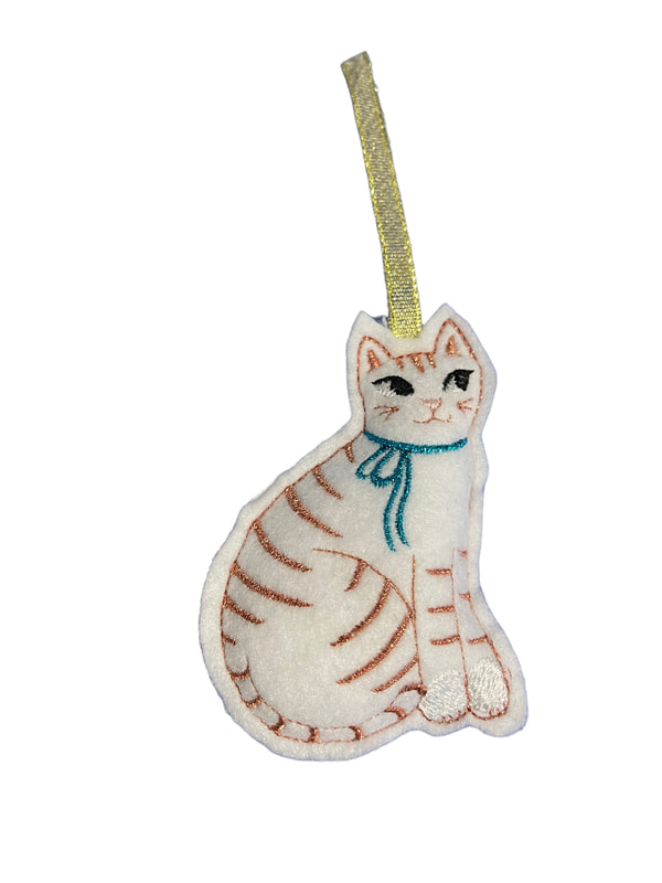 White Cat Copper Stripes Christmas Handmade Felt Embroidered Decoration Hanging Ornament