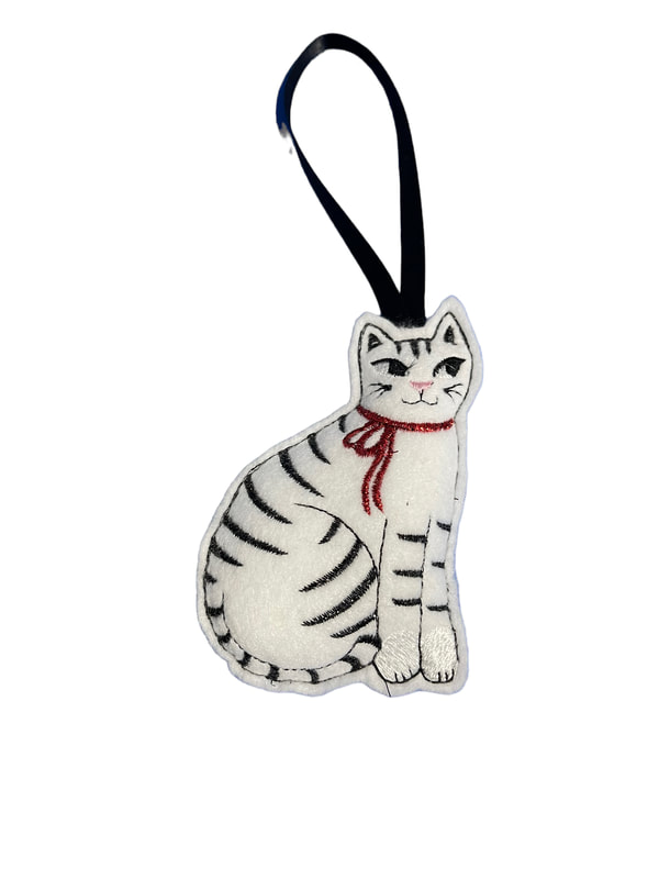 PicturWhite Cat Black Stripes Christmas Handmade Felt Embroidered Decoration Hanging Ornament PicturePicturee