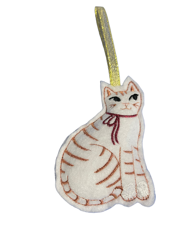 White Cat Copper Stripes Christmas Handmade Felt Embroidered Decoration Hanging Ornament