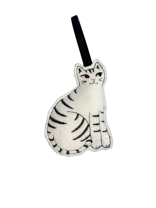 White Cat Black Stripes Christmas Handmade Felt Embroidered Decoration Hanging Ornament