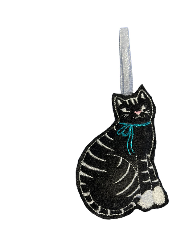Black Cat White Stripes Christmas Handmade Felt Embroidered Decoration Hanging Ornament