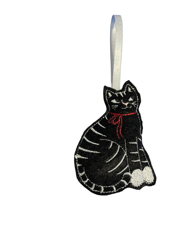 Black Cat White Stripes Christmas Handmade Felt Embroidered Decoration Hanging Ornament