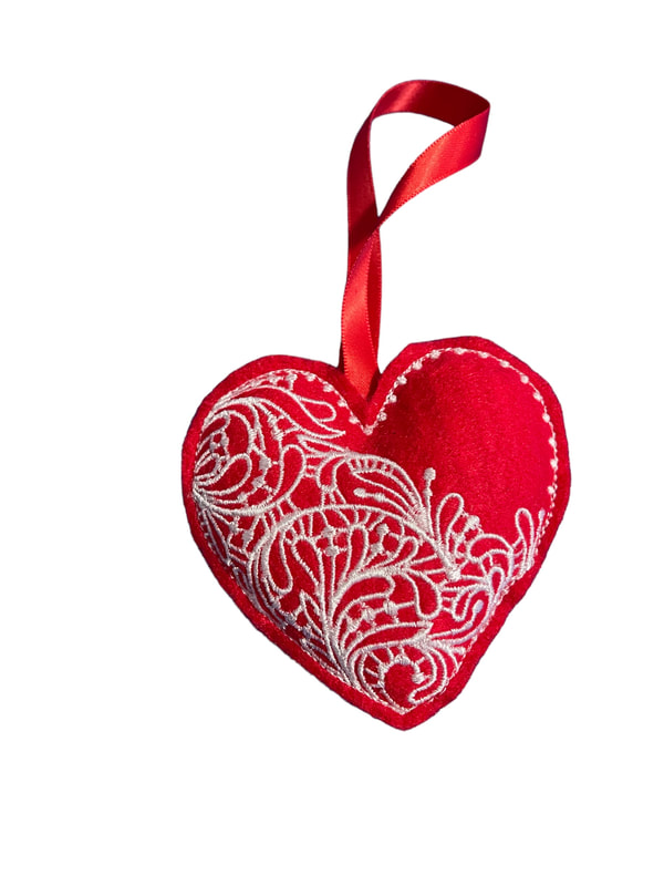 Red Heart Valentine Floral Handmade Felt Embroidered Decoration Hanging Ornament