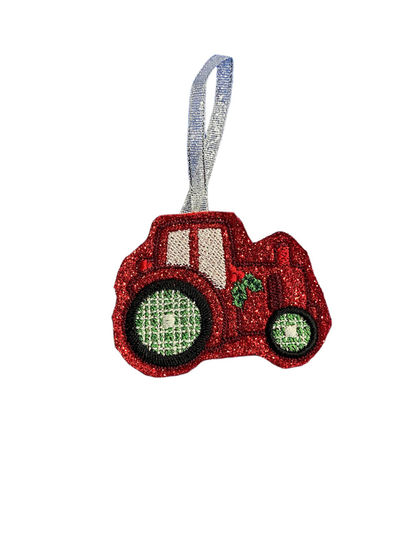 Red Glittered Tractor Farm Christmas Handmade Felt Embroidered Decoration Hanging Ornament