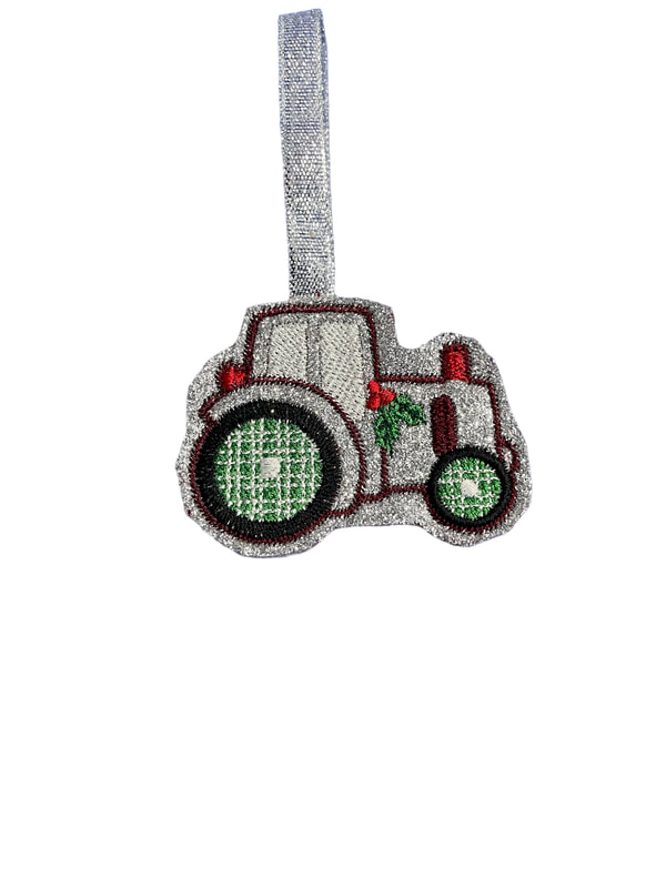 Silver Glittered Tractor Farm Christmas Handmade Felt Embroidered Decoration Hanging Ornament
