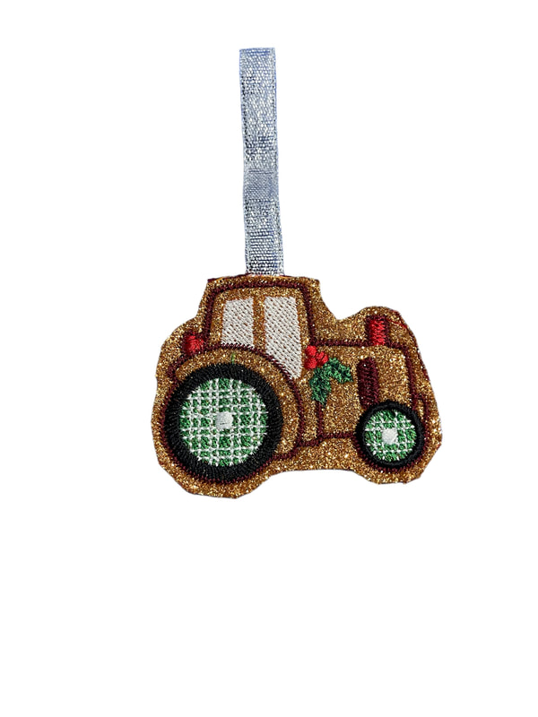 Gold Glittered Tractor Farm Christmas Handmade Felt Embroidered Decoration Hanging Ornament