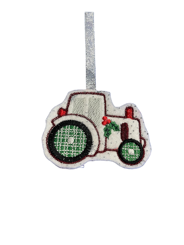 White Glittered Tractor Farm Christmas Handmade Felt Embroidered Decoration Hanging Ornament