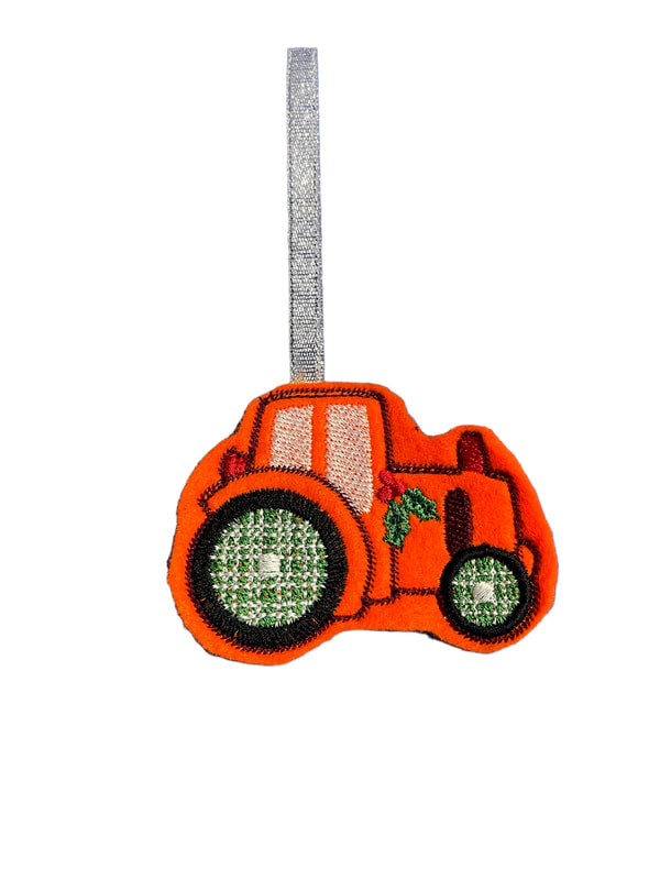 Orange Tractor Farm Christmas Handmade Felt Embroidered Decoration Hanging Ornament