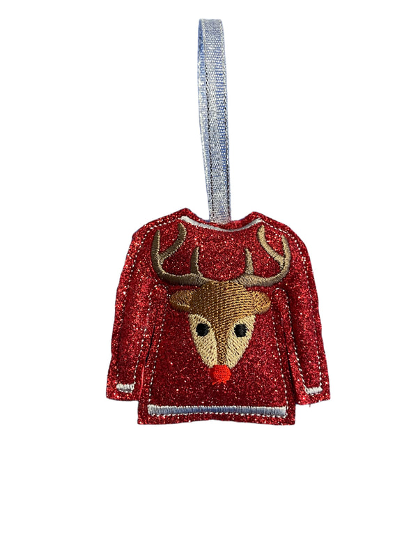 Ugly Reindeer Christmas Red Glittered Jumper Handmade Felt Embroidered Decoration Hanging Ornament