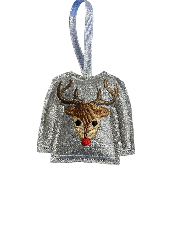 Ugly Reindeer Christmas Silver Glittered Jumper Handmade Felt Embroidered Decoration Hanging Ornament