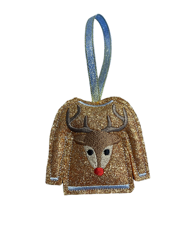 Ugly Reindeer Christmas Gold Glittered Jumper Handmade Felt Embroidered Decoration Hanging Ornament