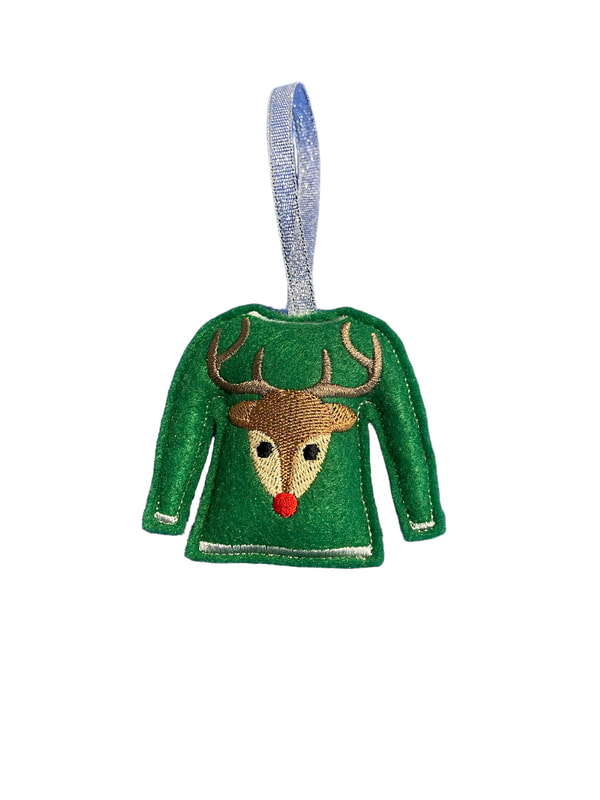 Ugly Reindeer Christmas Green Jumper Handmade Felt Embroidered Decoration Hanging Ornament