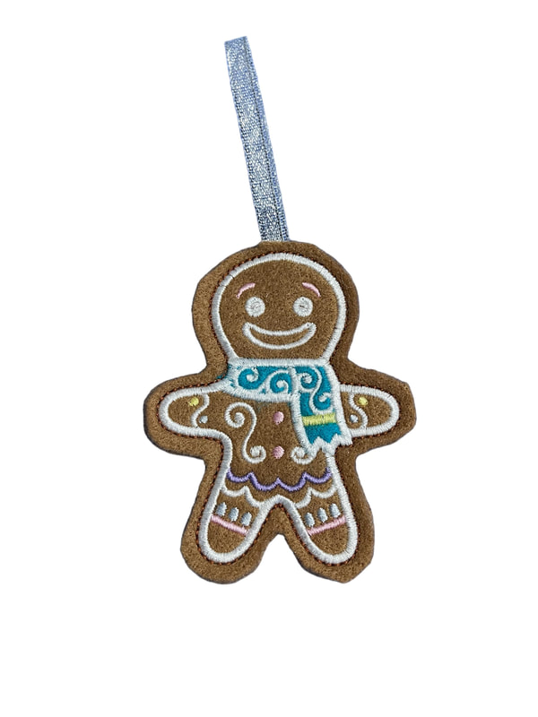 Gingerbread Man Blue Scarf Christmas Handmade Felt Embroidered Decoration Hanging Ornament