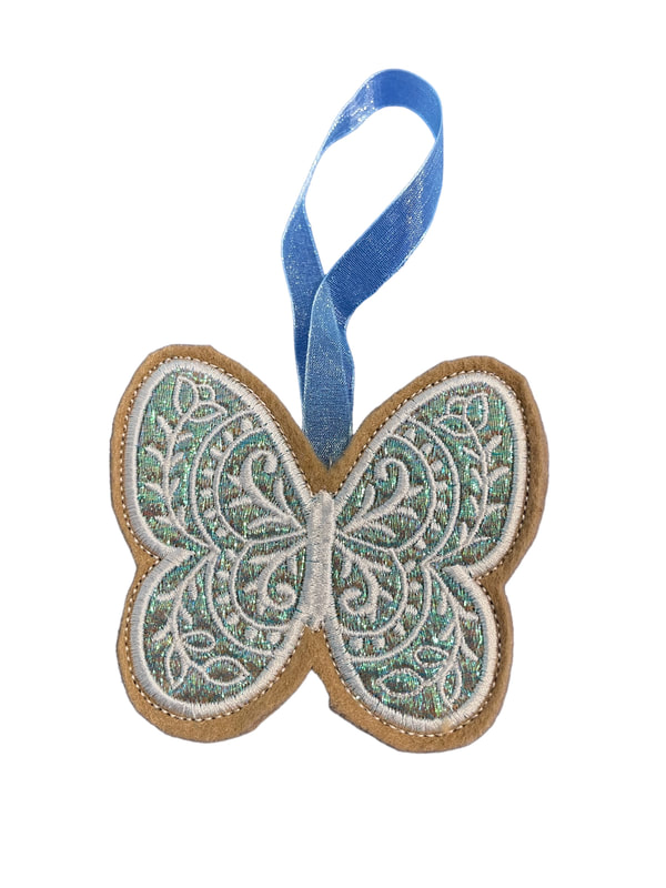 Butterfly Floral Traditional Glittered Blue Handmade Felt Embroidered Decoration Hanging Ornament