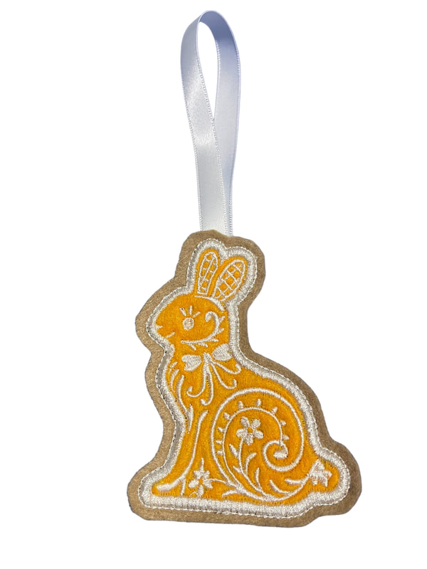 Easter Rabbit Floral Traditional Orange Handmade Felt Embroidered Decoration Hanging Ornament