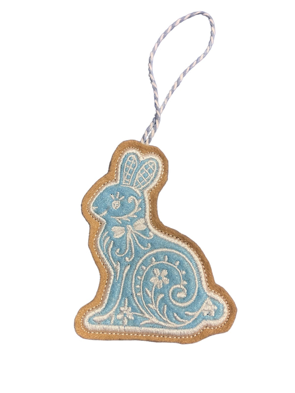 Easter Rabbit Floral Traditional Blue Handmade Felt Embroidered Decoration Hanging Ornament